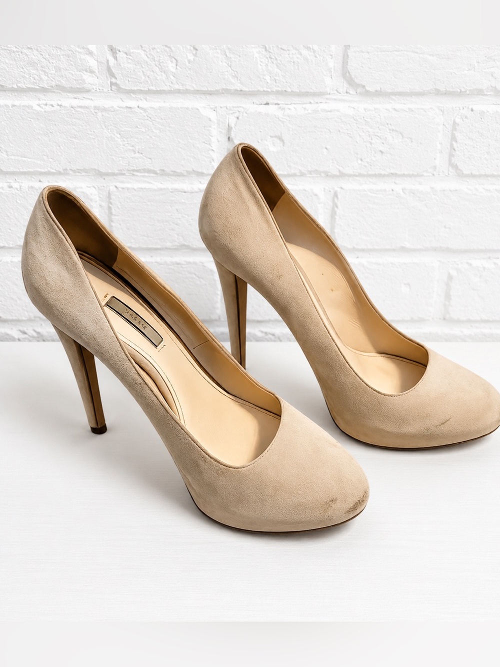 Prada Heels Beige Suede Stiletto Round Toe Classic Pumps 4.5 Inch Heel